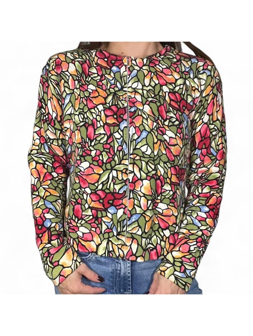 Talbots 90s Floral Zip Up Knit Cardigan Size Medium